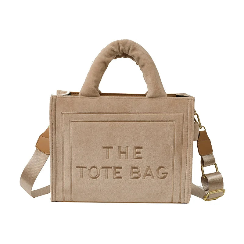 Women’s Khaki Velour Tote Bag | Original Letter Print Medium Square Handbag | Premium Corduroy Ladies’ Shopper & Versatile Shoulder Bag Luxegan