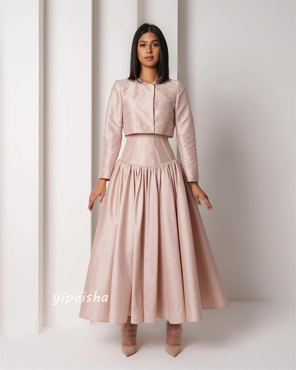 Draped Satin A-Line Engagement Dress | Bespoke Occasion Ankle-Length Gown | Modern Full-Sleeve O-Neck Non-Spot Evening Dress Luxegan