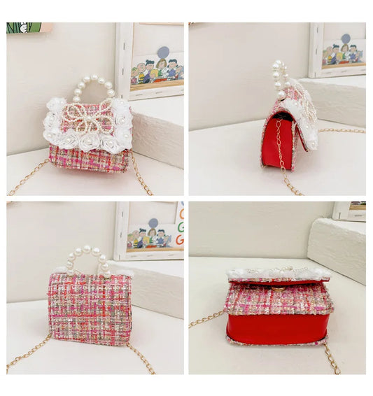 Luxury Pearl Handle Children’s Mini Shoulder Bag | Sweet Bow & Flower Girl Messenger Bag | Fashion Square Shell Purse for Girls (Model z122711) Luxegan