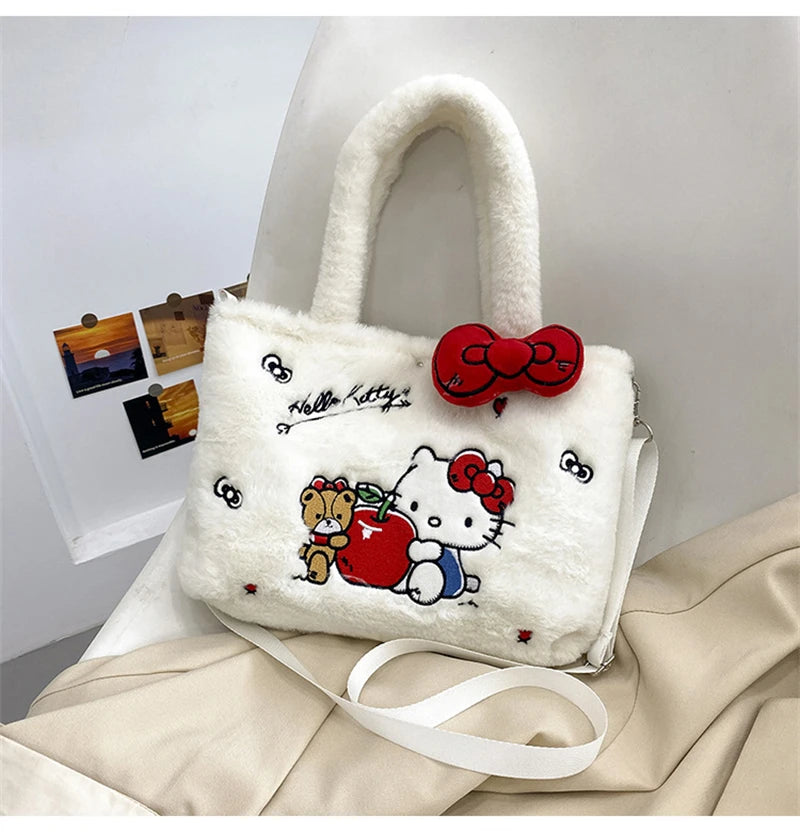 Kawaii Hello Kitty Plush Shoulder Bag | My Melody Cinnamoroll Kuromi Cute Cartoon Anime Handbag (Soft Storage Bag for Women & Girls) Luxegan