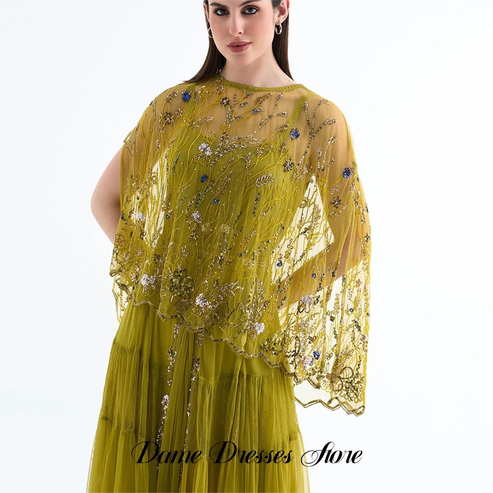 Luxury Sequined Celebrity Gowns with Shawl Elegant Customized A-Line Tulle Evening Dress Modern Spaghetti Straps Robe de soirée