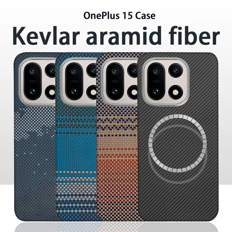 Para funda de teléfono OnePlus 15 de fibra de aramida Kevlar, carcasa dura de fibra de carbono ultradelgada y ligera, cubierta protectora magnética para negocios