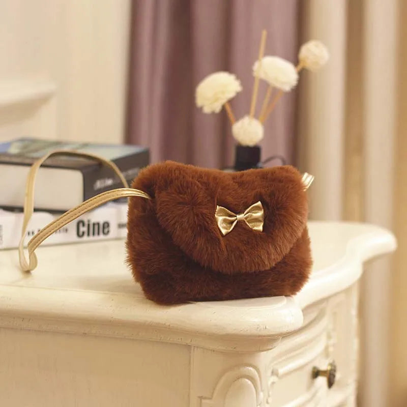 Children's Winter Plush Faux Fur Shoulder Bag | Princess Girl’s Soft Messenger Bag | Kids' Fashion Animal Print Handbag | Cozy Cotton-Lined Mini Backpack & Coin Purse Luxegan