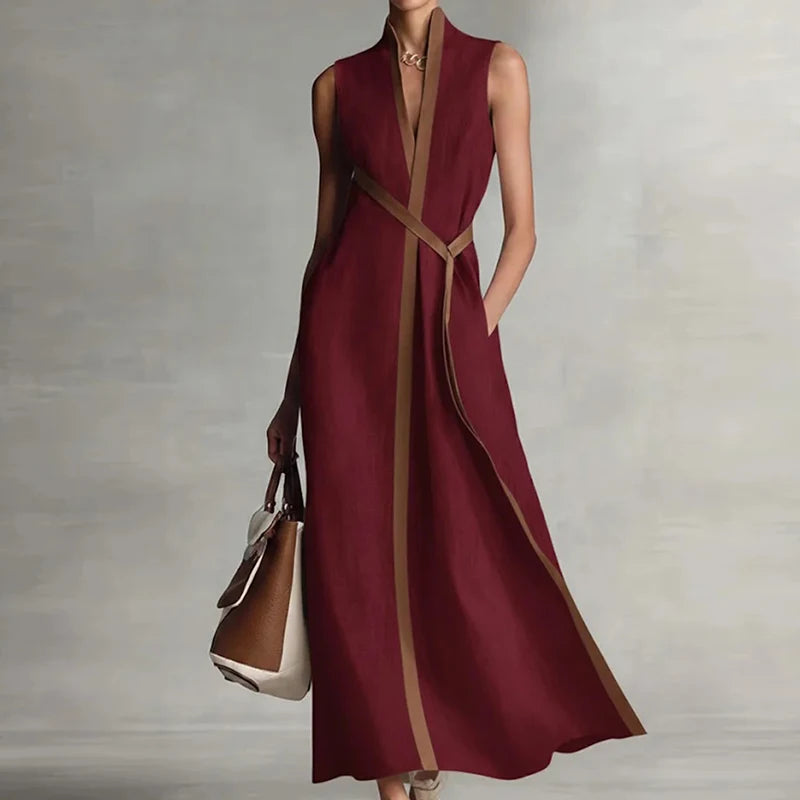 V-Neck Sleeveless Patchwork A-Line Loose Ankle-Length Maxi Dress | Elegant Chic Holiday Party Dress Luxegan