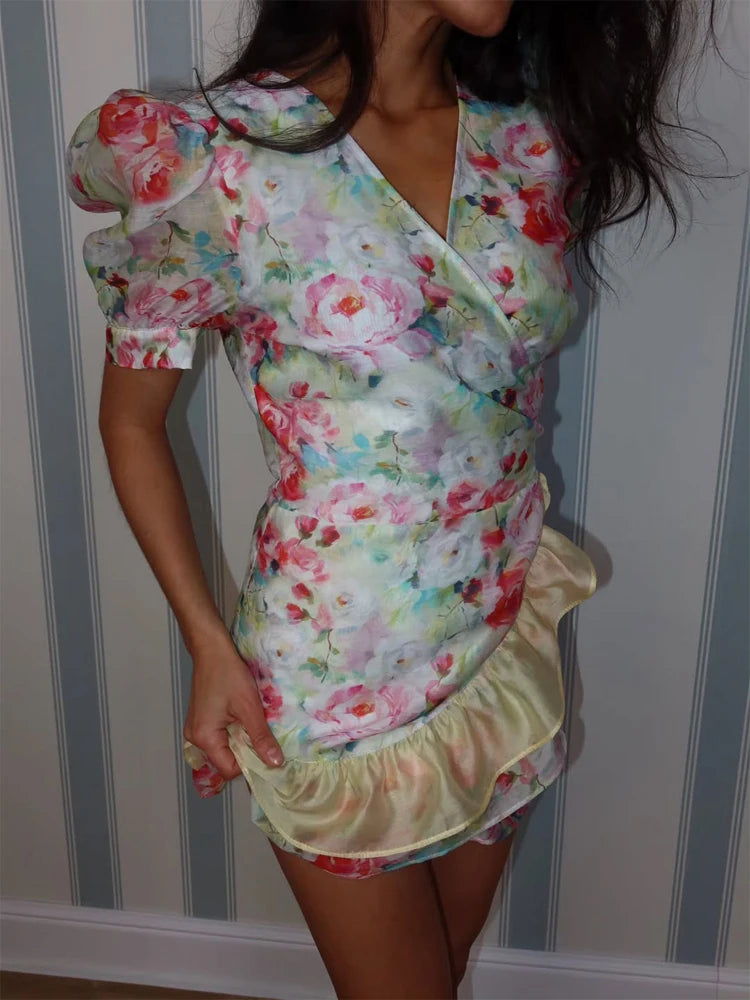 Elegant Floral Printed Mini Dress | Chic V-Neck Full Sleeve Single-Breasted Gown | Fashionable Slim Fit A-Line Short Dress | Premium Tatting Non-Stretch Summer Party Robe Luxegan