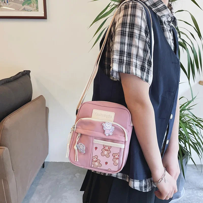 Cute Clear Kawaii Canvas Bag | Harajuku Cartoon Messenger Bag for Girls | Sophisticated Small Patchwork Shoulder Pouch | Fashion-Forward Nylon Cellphone Purse with Silt Pocket Luxegan
