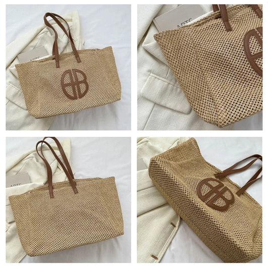 Straw Hollow Out Knitting Tote Bag | Large Capacity Handmade Shoulder Bag & Casual Beach Bag Luxegan