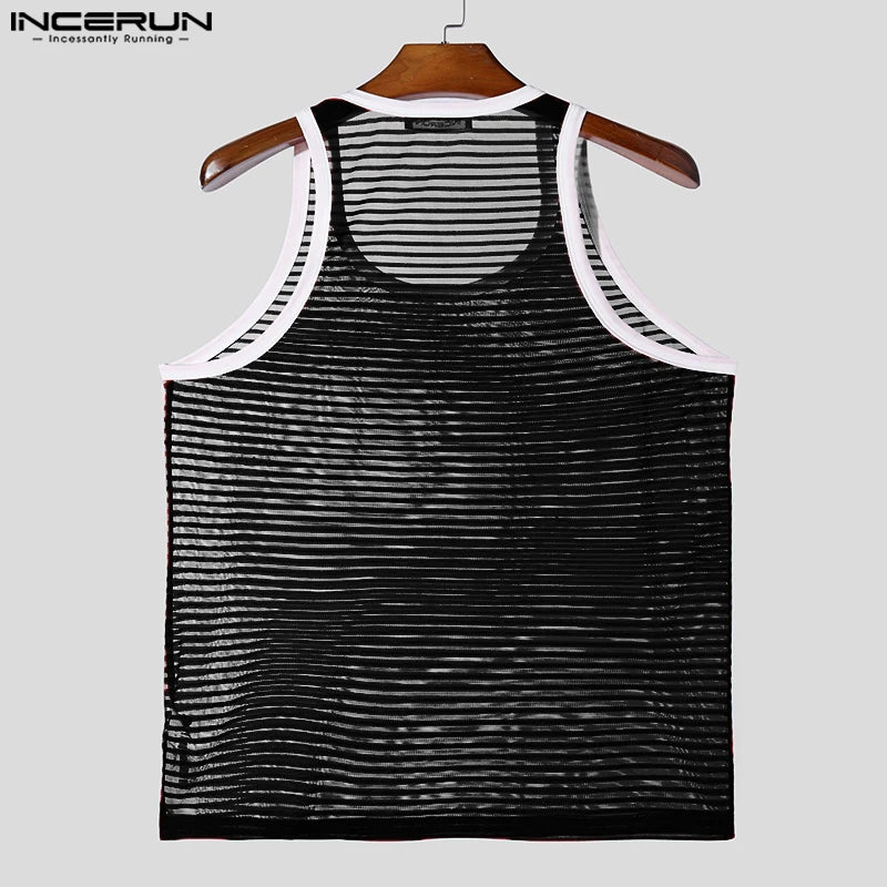Camisetas informales de moda INCERUN nuevas camisetas sin mangas a rayas transparentes y sexys para hombre, chalecos finos ajustados para discoteca masculina