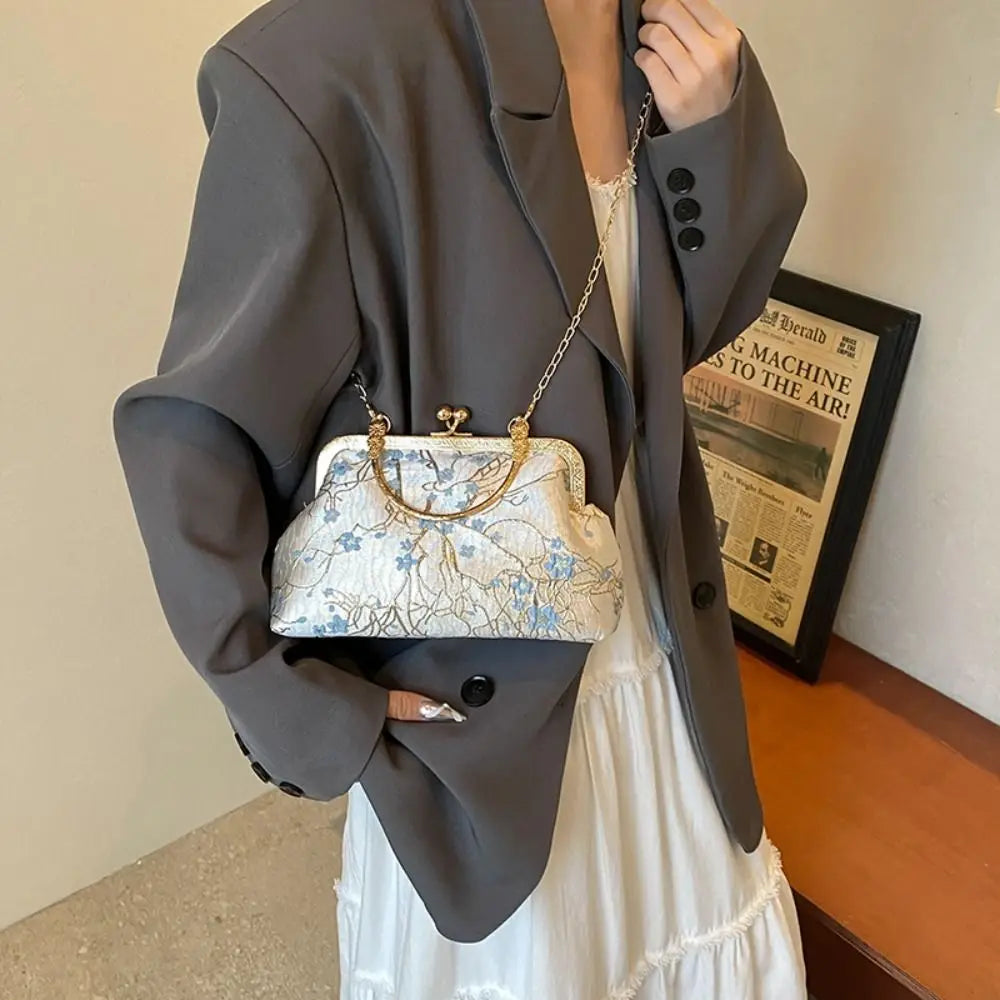 Fashion Silk Chinese Style Handbag | Retro Embroidery Shell Bag | Elegant Minaudière Shoulder & Crossbody Bag | Traditional Artisan Single-Strap Ladies' Purse Luxegan