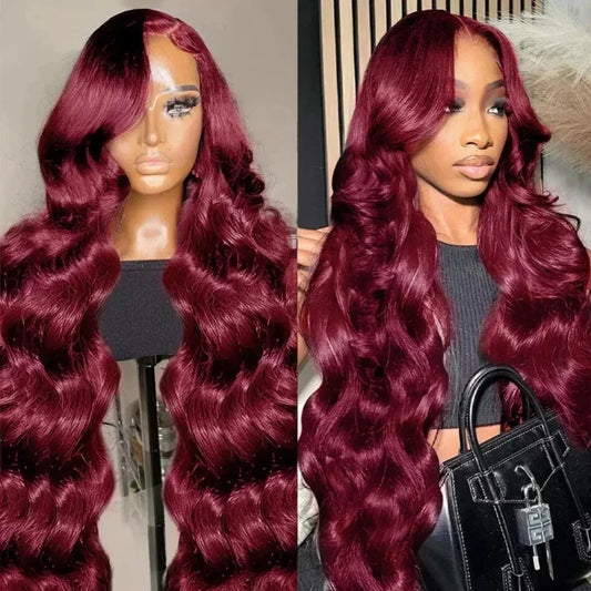 99J Burgundy Body Wave Lace Frontal Wig | Sophisticated 13x6 HD Transparent Lace | Elegant "Brazilian Remy" 26+ Inch Length | "Dignified" Pre-Plucked "Red Color" Human Hair for Radiant Versatile Styling Luxegan