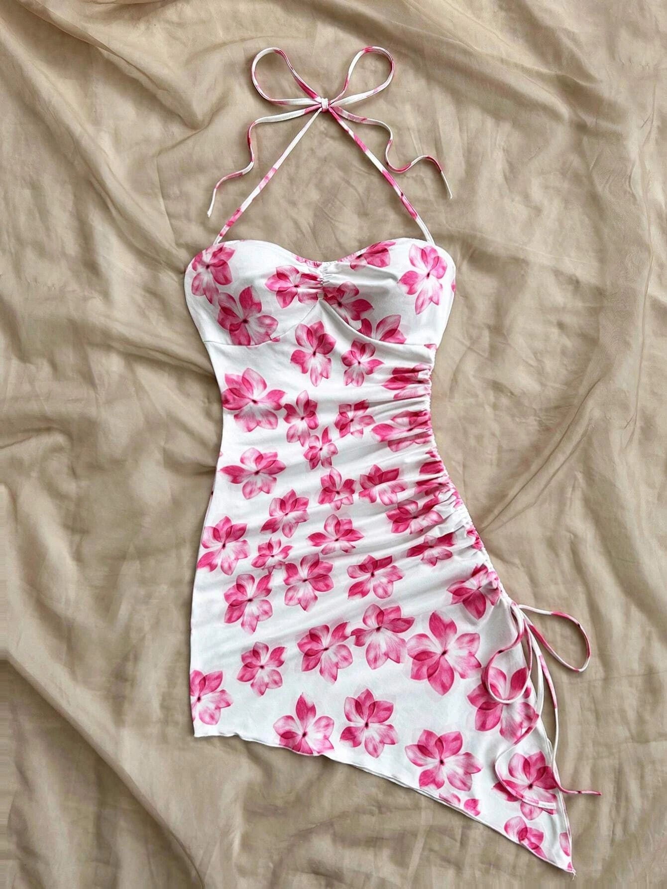 Beach Vacation Graphic Floral Print Dress | Sexy Halter Neck Bow Bodycon Mini Dress | Bohemian Asymmetric Hem Sleeveless Robe | Premium Knit Slim Fit Sweetheart Streetwear Model AE018 Luxegan