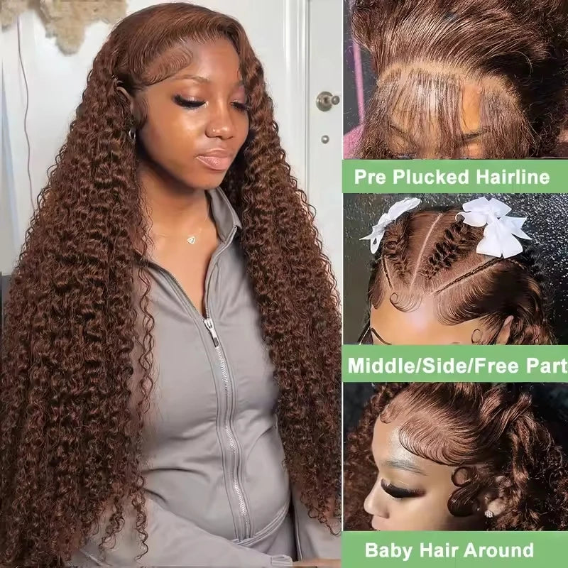 34 & 30-Inch Chocolate Brown Deep Wave Wig | Sophisticated 13x4 HD Transparent Lace | Elegant "#4 Colored" Brazilian Virgin Hair | "Dignified" Pre-Plucked Curly Frontal for Radiant Versatile Styling Luxegan