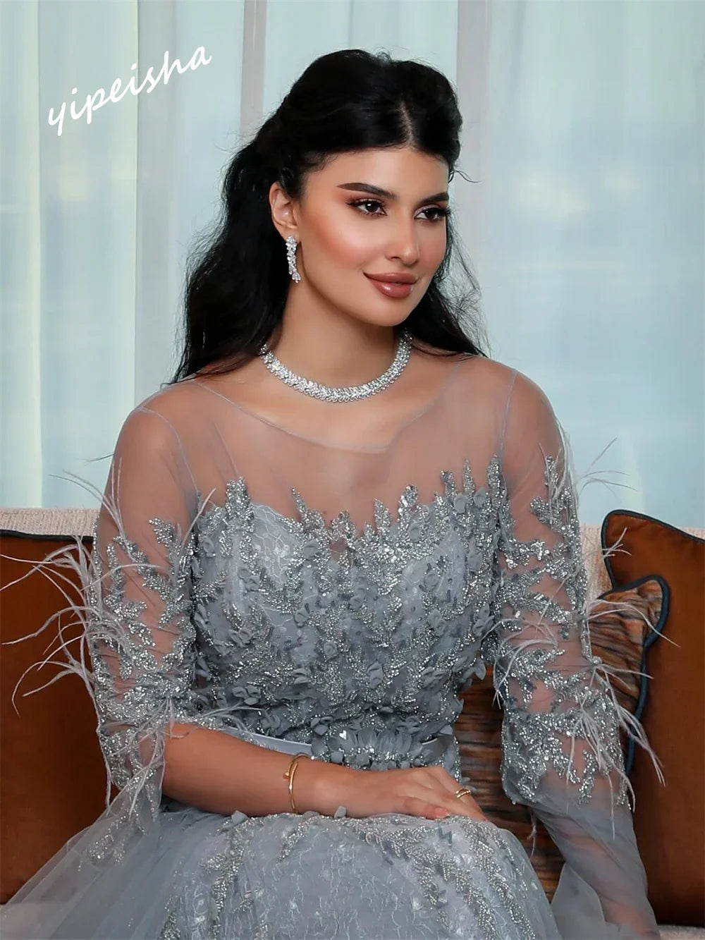 Customized Jiayigong Net Feather Beading Homecoming A-line Scoop Neck Bespoke Occasion Gown Long Dresses Saudi Arabia