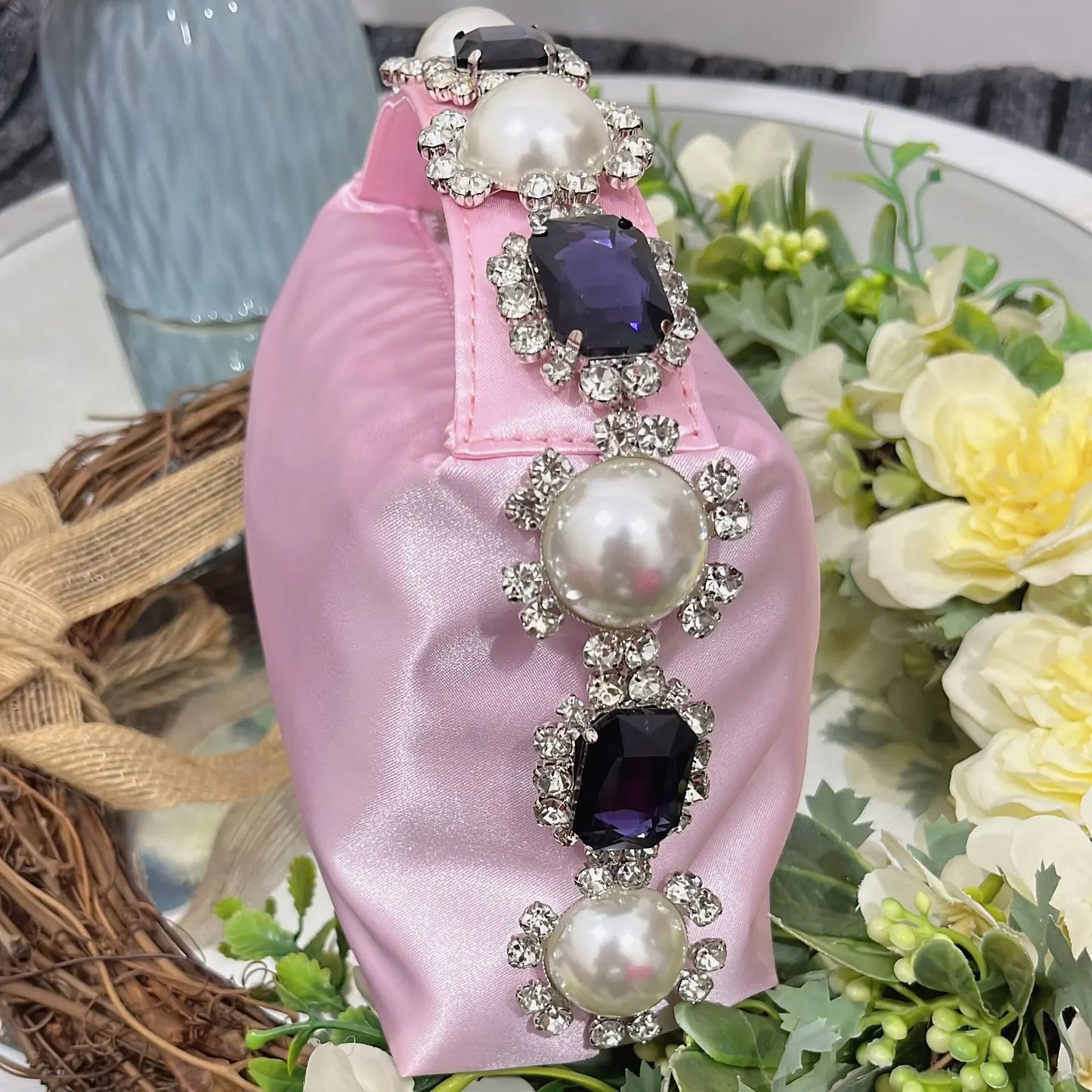 Luxury Feather & Pearl Evening Clutch | Designer Satin Wedding Purse with Diamond Decoration | Fashionable Sparkling Square Party Tote | Elegant White Satin Flap Handbag Luxegan