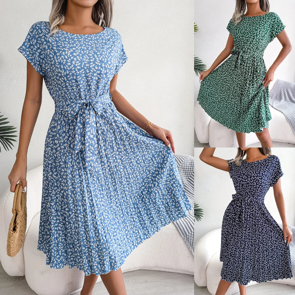 Floral Chiffon High-Waist A-Line Dress | Pleated O-Neck Short Sleeve Casual Dress | Elegant Empire Waist Summer Midi Dress Luxegan