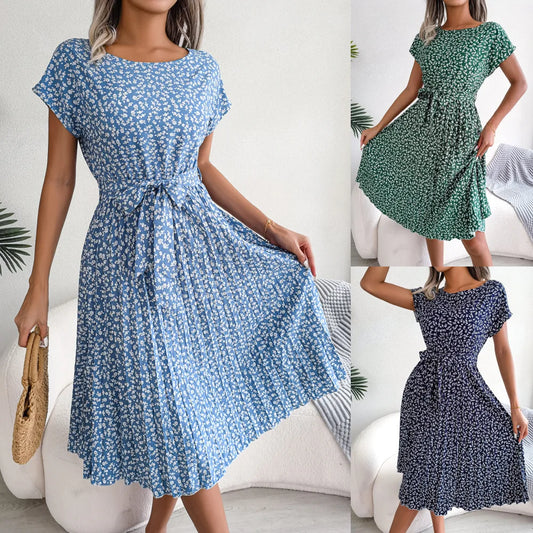 Floral Chiffon High-Waist A-Line Dress | Pleated O-Neck Short Sleeve Casual Dress | Elegant Empire Waist Summer Midi Dress Luxegan