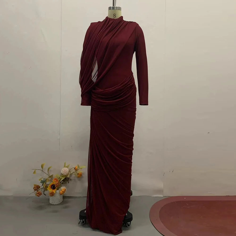 Solid Vintage Turtleneck Long Sleeve Slim Asymmetrical Floor-Length Dress with Lace-Up Detailing – Woven Polyester, Empire Waist, Autumn/Winter Luxegan