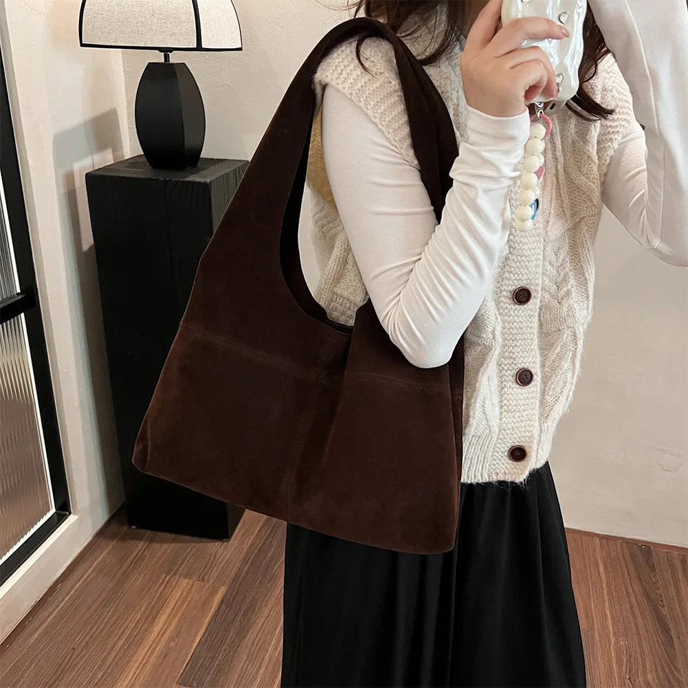 Women's Faux Suede Tote Bag | Vintage Large Capacity Shoulder & Underarm Handbag (Designer Style, Simple Commuting Bag) Luxegan