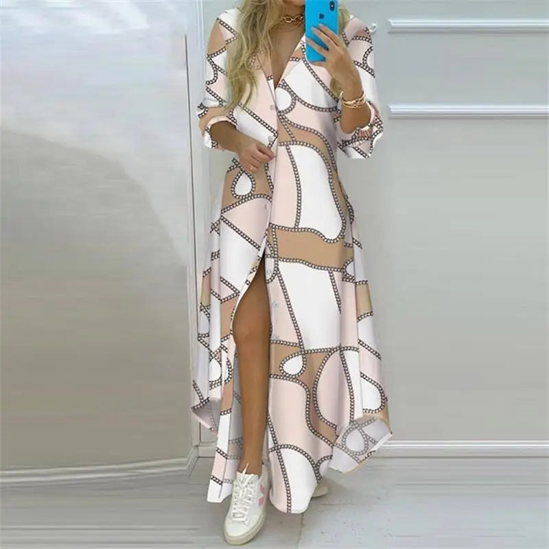 Women's Elegant Bohemian Printed Maxi Shirt Dress | Casual Turn-Down Collar Long Sleeve Gown | Single-Breasted Split Shirt Dress | Loose Fit Ankle-Length Fall Winter Vestido Luxegan