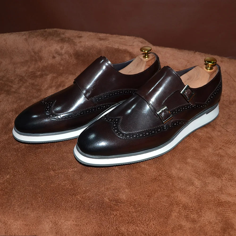 Classic European Luxury Monk Strap Sneakers | Sophisticated Double Buckle Wingtip Brogue | Elegant "Genuine Cow Leather & Suede" Silhouette | "Dignified" Sheepskin Insole & Non-Slip Rubber for Radiant Versatile Styling Luxegan