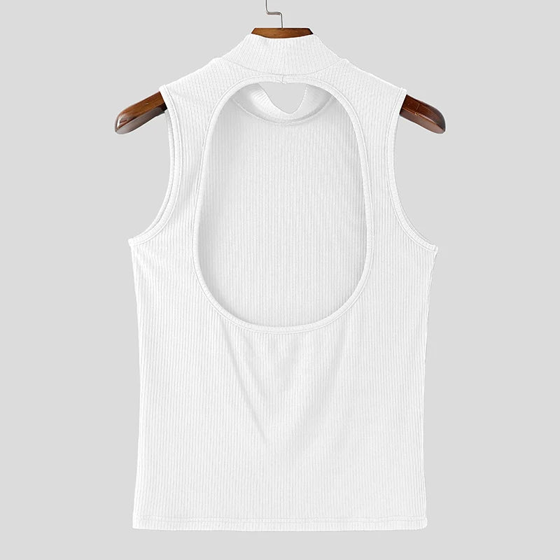 INCERUN Men Tank Tops Knitted Solid Color Turtleneck Sleeveless Male Vests Streetwear Hollow Out Backless Fashion Men Clothing
