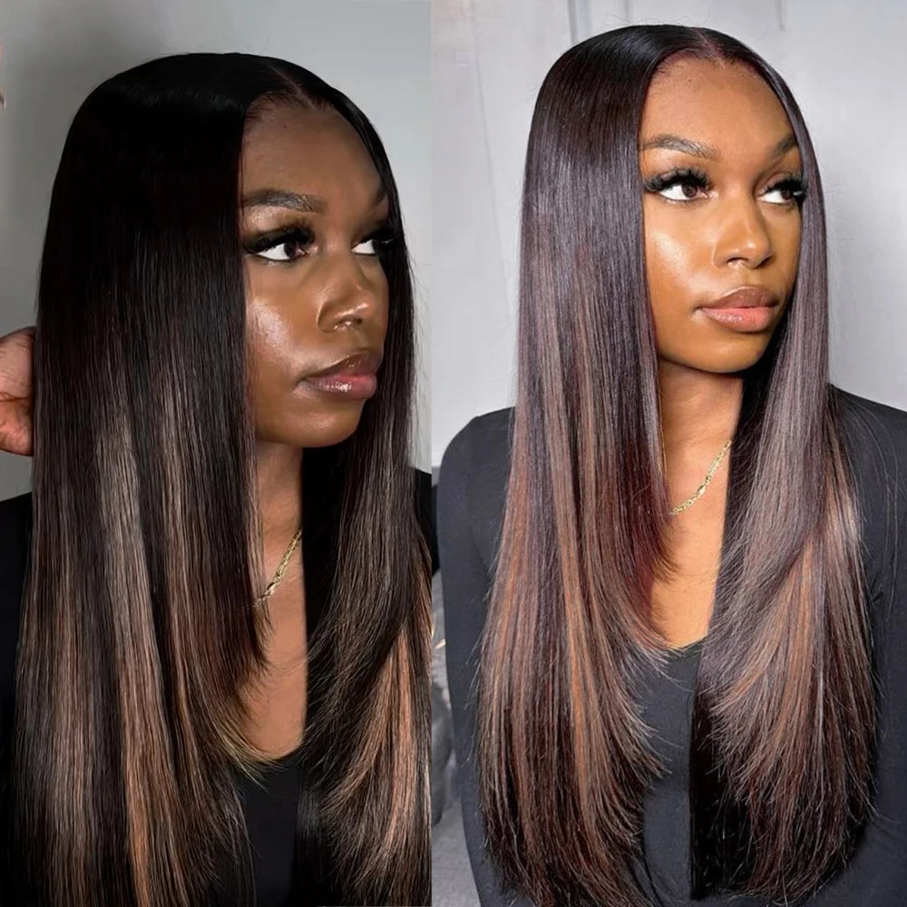 30-Inch Highlight Layered Glueless 6x6x1 Lace Closure Wig - Pre-Cut Lace & Pre-Plucked Hairline Wear-and-Go Mixed Hair Wig - 50% Human Hair / 50% Synthetic Hair Honey Highlight Straight Wig for Women Luxegan