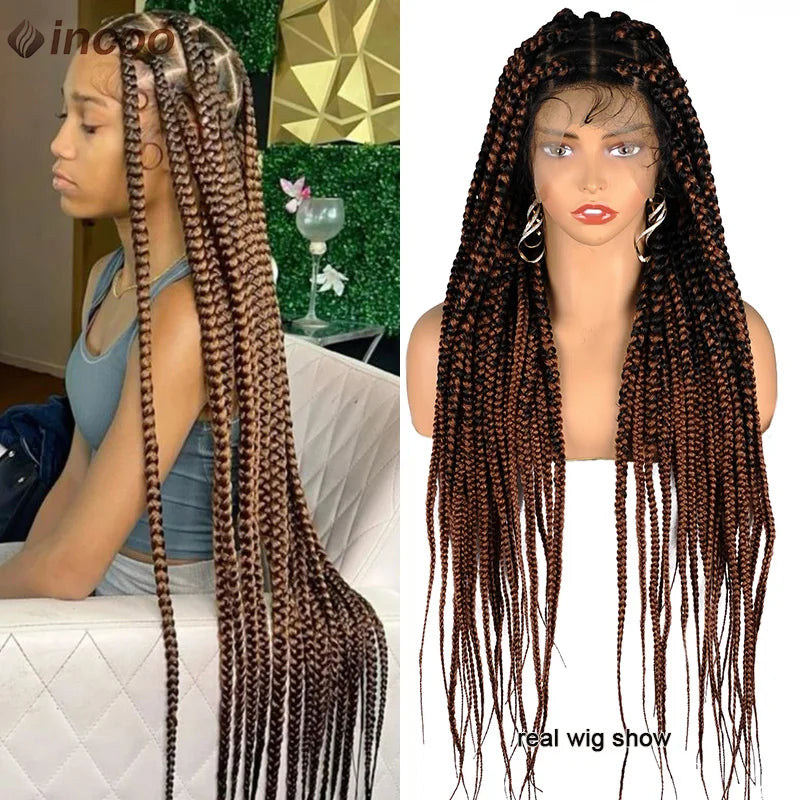 Synthetic Large Box Braided Wigs Jumbo Knotless Full Lace Front Wigs For Black Women Jumbo Tribal Braids Faux Locs Cornrows Wig Luxegan