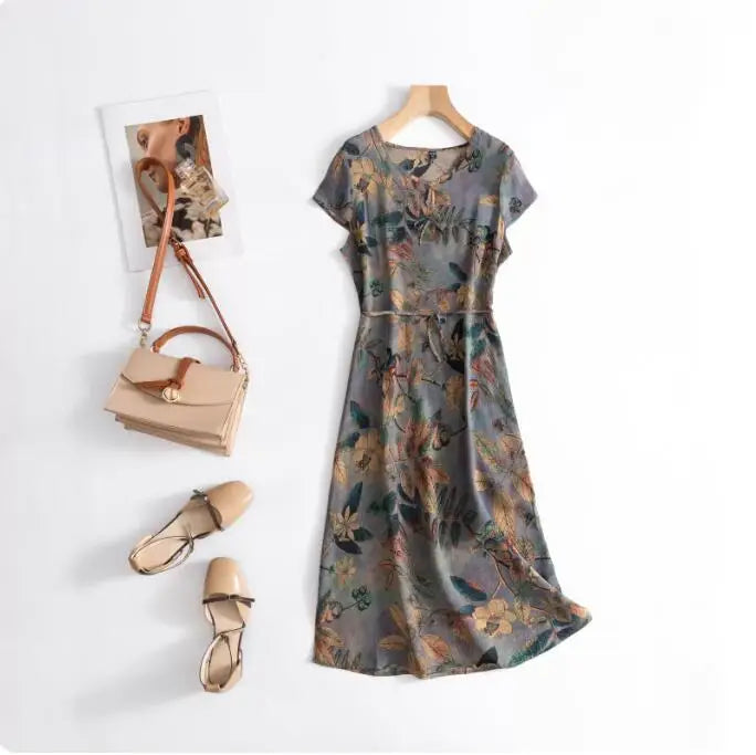 Print Round Neck Flare Sleeve Loose Straight Midi Dress – Mulberry Silk, Summer