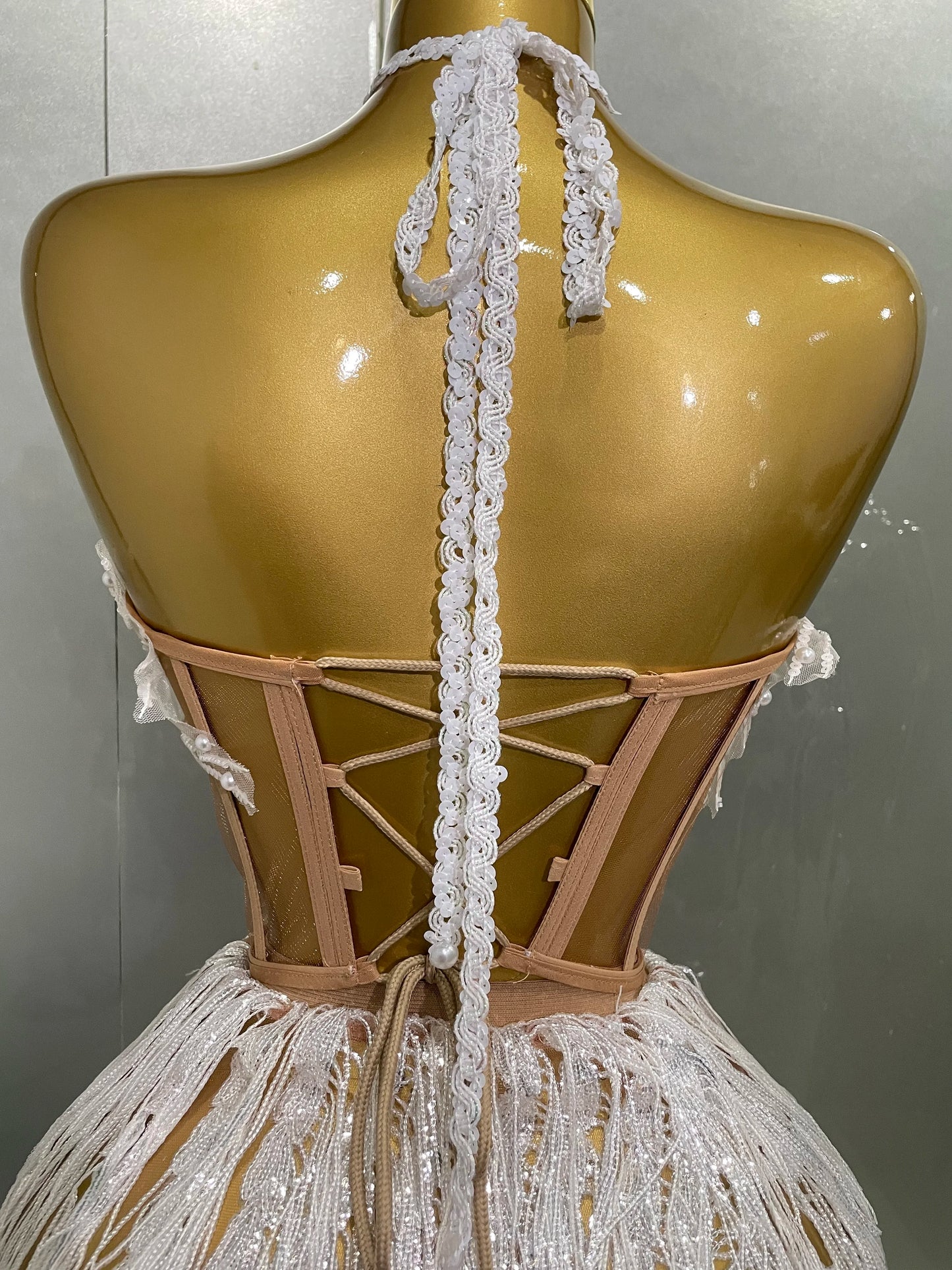 Sexy Pearl Sequins Tassel Glitter Mini Dress | Strapless Sleeveless Sheath Club Party Dress | Premium Slight-Stretch Slim Fit Stage Performance Outfit | Luxury Applique Nightclub Singer Vestido Luxegan