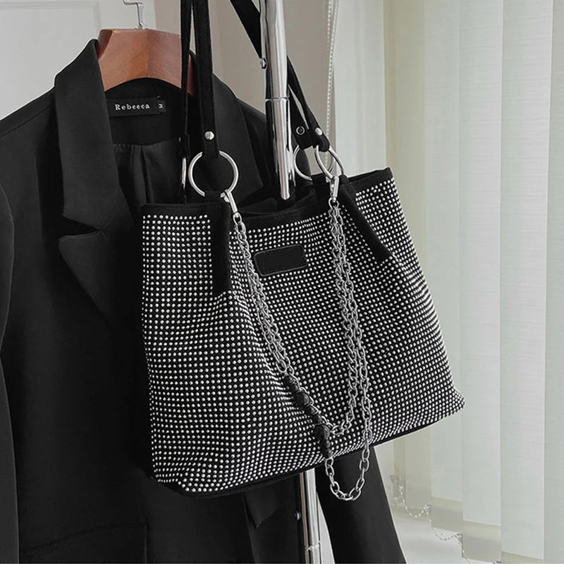 Women's Luxury Design Shopper Tote | Large-Capacity PU Leather Rhinestone Handbag Luxegan