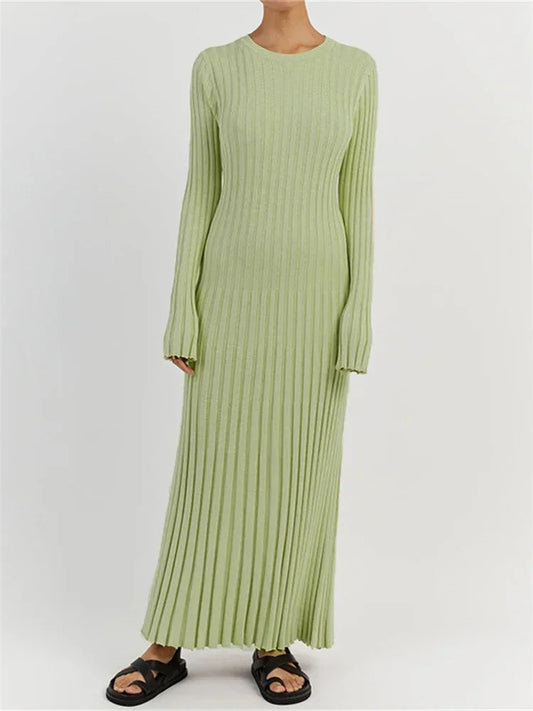 Lace-Up Female Knit Maxi Dress | Sophisticated High-Waist Patchwork Long-Sleeve Gown | Elegant "Bandage Knitwear" Silhouette | "Dignified" High-Stretch Loose Dress for Radiant Versatile Autumn & Winter Styling Luxegan