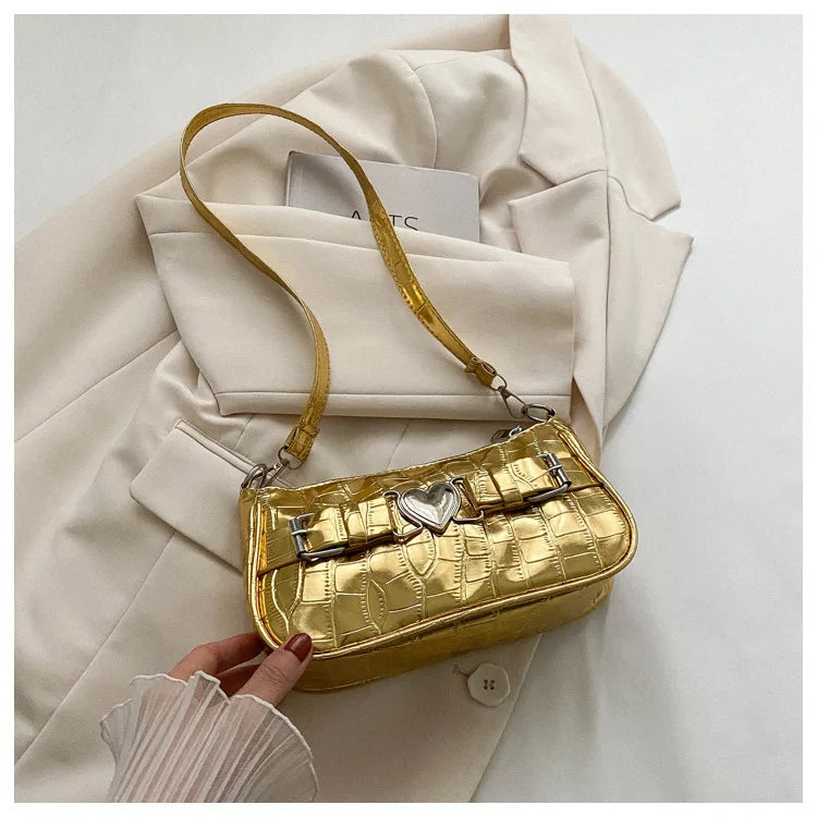 Women's Y2K Peach Heart Butt Leather Handbag | Alligator Pattern Underarm Shoulder Bag with Heart Pin Buckle (Fashion Girls Mini Tote) Luxegan
