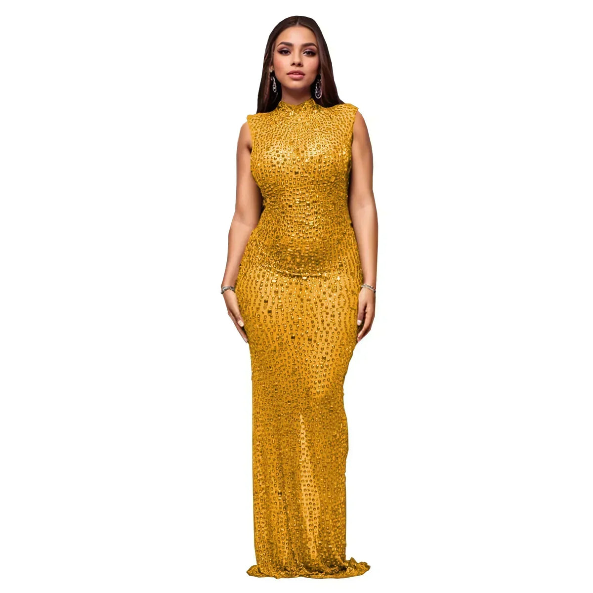 Solid O-Neck Sleeveless Diamond Embellished Slim Fit Straight Midi Dress – Natural Waist, Medium Stretch, Autumn/Winter Luxegan