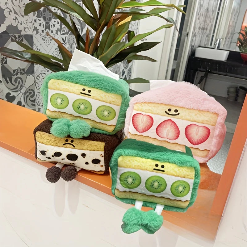 Cute Personalized Plush Tissue Box Cover | Creative Strawberry Kiwi Chocolate Cartoon Niche Desktop Storage Bag Luxegan