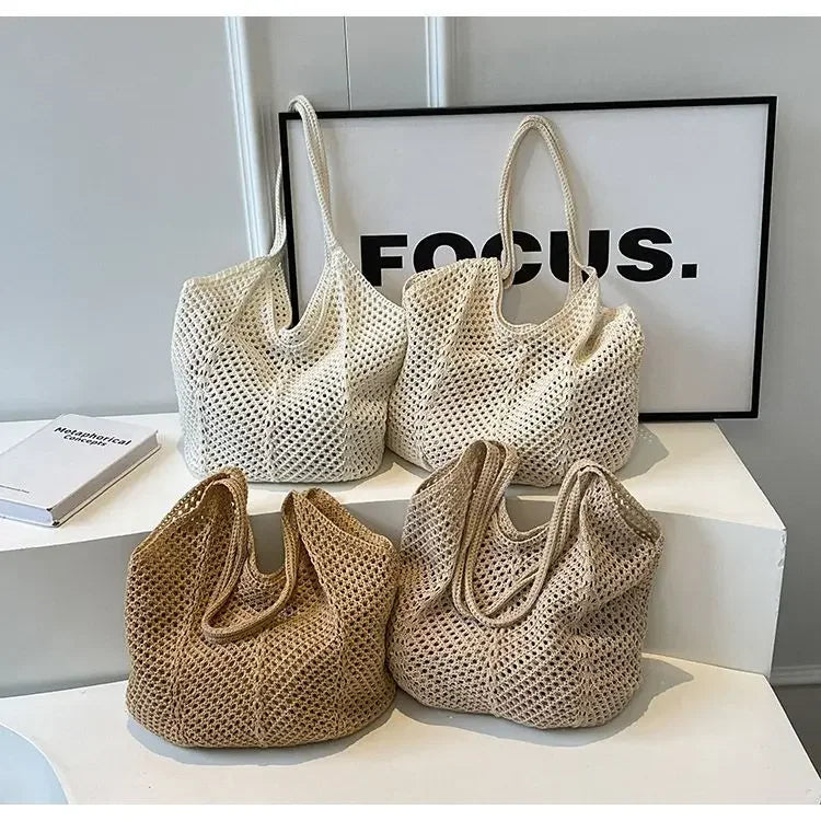 Women’s Solid Crochet Tote Handbag | Hollow Woven Summer Mesh Beach Bag | Large Capacity Aesthetic Knitting Hobo Bag | Casual Underarm Crochet Shoulder Bag Luxegan