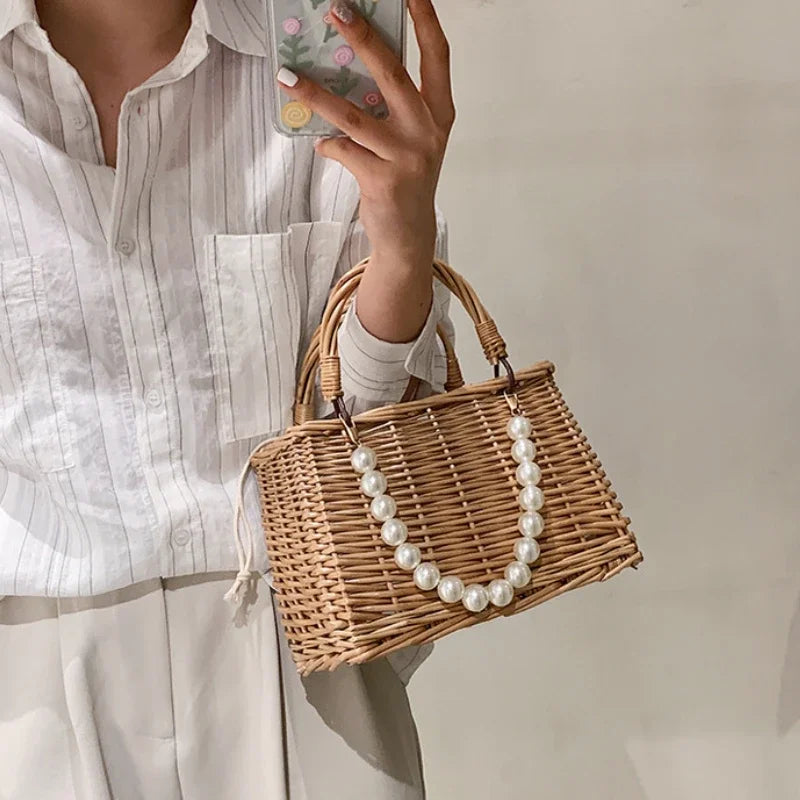 Straw Bags for Women | Square Handbags & Summer Rattan Shoulder Bags (Handmade Knitted Storage & Small Totes Bag) Luxegan