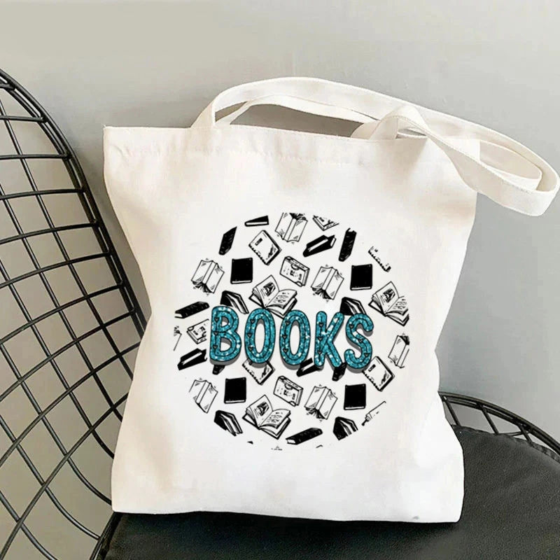 Flowery Books Printed Canvas Tote Bag | Retro Large Capacity Eco-friendly Shopping Bag | Unisex Student Schoolbag Shoulder Bag Luxegan