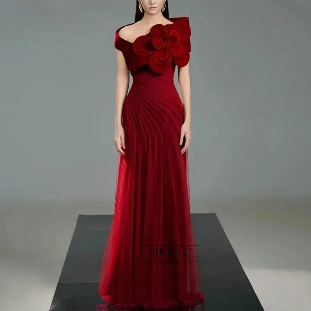 3D Flower Tulle Off-Shoulder Evening Gown | Backless Pearl Beaded Bespoke Formal Dress Luxegan