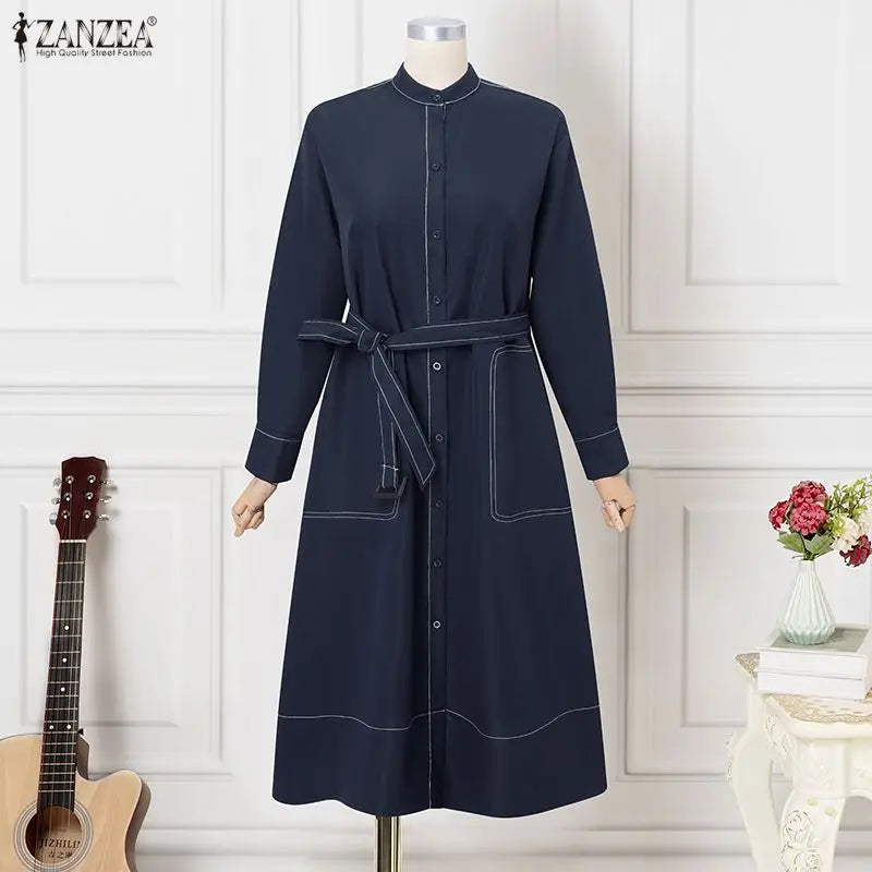 ZANZEA Fashion Long Shirt Dresses Women Elegant Streetwear Office Lady Midi Vestidos Belted Casual Autumn Long Sleeve Party Robe