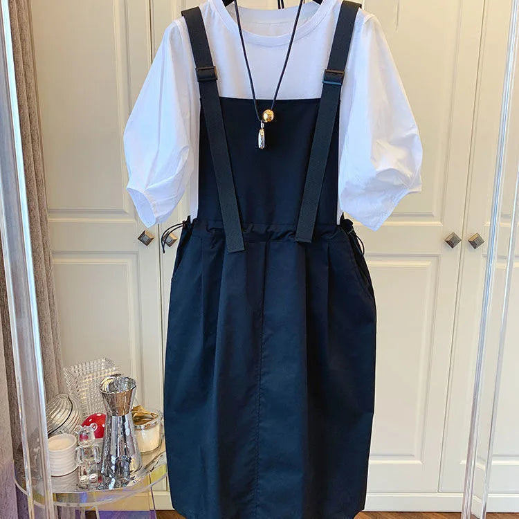 Women's Spring Summer Workwear Overalls Two-Piece Set | Trendy Bubble Puff Sleeve Streetwear Suit | Chic Salt System Casual Outfit | Premium Loose Fit O-Neck Mid-Calf Fashionable Set Luxegan