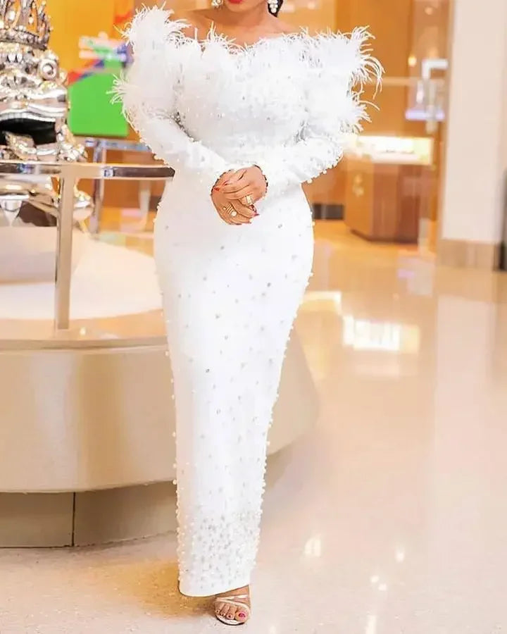Solid Slash Neck Full-Length Sleeve Feather Trim Regular Fit Straight Ankle-Length Dress – Natural Waist, Autumn/Winter Luxegan