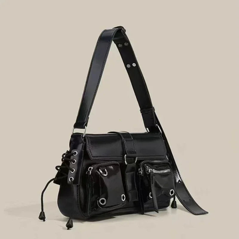 Y2K Korean Style Harajuku Vintage Handbag | Sophisticated Gothic Black Moto & Biker Shoulder Bag | Elegant Punk Aesthetic Wallet Purse | Fashion-Forward PU Leather Square Trend Tote Luxegan