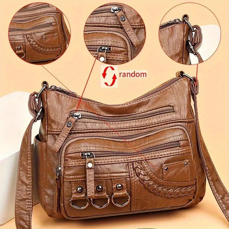 Vintage PU Leather Crossbody Bag | Retro Multi-Layer Shoulder Bag for Women | Sophisticated Classic Fashion Handbag & Purse | Elegant Work & Travel Messenger Bag with "Dignified" Letter Detail Luxegan