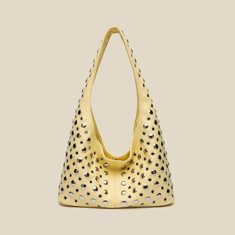 Women's Fashion Punk Metal Rivet Bucket Bag | High-End PU Suede Underarm Shoulder Tote | New Retro Trendy Motorcycle Handbag | Premium Solid Color Shoulder Bag with Hasp Closure Luxegan