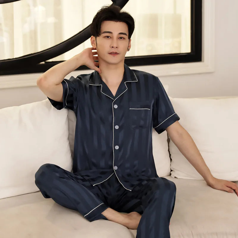 Men's Premium Ice Silk Pajama Set | Luxury Paisley Long-Sleeved Sleepwear Suit | Thin Turn-Down Collar Nightwear | Plus Size High-Quality Home Clothes Male Suit Model SY5004 Luxegan