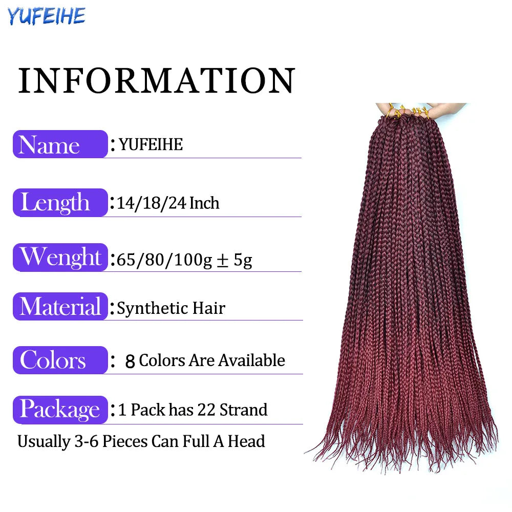 Ombre Box Braids Crochet Hair Extensions – Synthetic Straight Braiding Hair 14"/18"/24" | 22 Strands/Pack