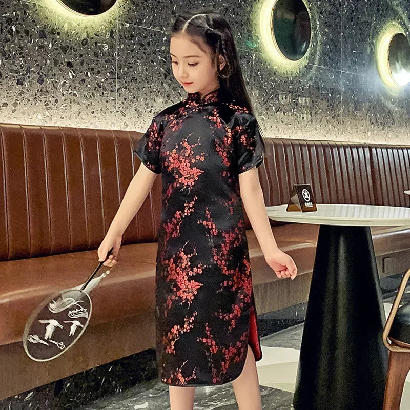 Girls' Modern Cheongsam Chinese Style Dress | Summer Kids Casual Flower Print Clothes | Short-Sleeve Turtleneck Knee-Length Straight Dress Luxegan