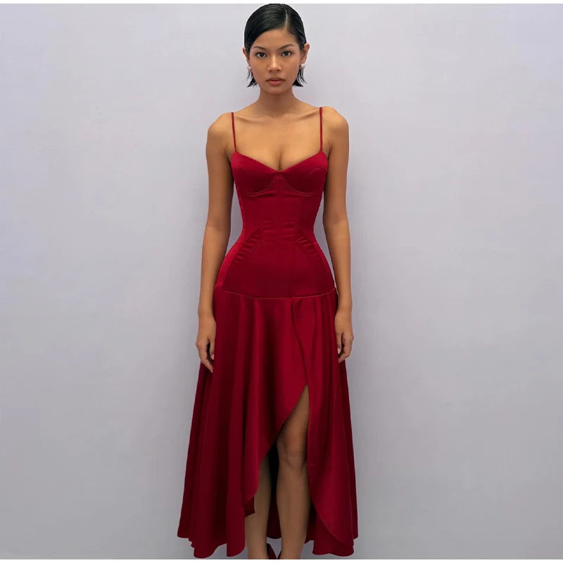V-Neck Sleeveless Camisole-Style Slim Fit Sheath Slit Floor-Length Dress – Natural Waist, Summer Luxegan