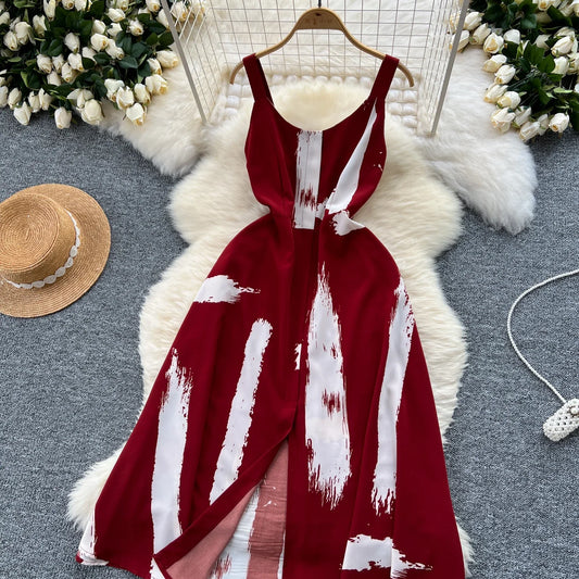 Women's Elegant Summer Print Midi Sundress | Sweet O-Neck Backless Vacation Beach Dress | High Waist Split Regular Fit Camisole Gown | Premium Tatting A-Line Spaghetti Strap Luxegan