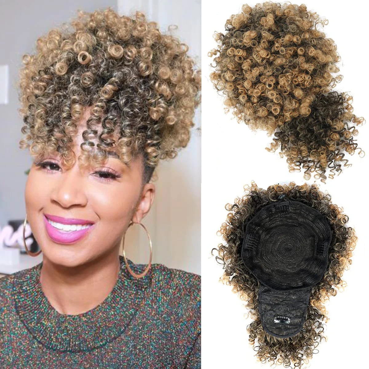 Afro Puff Kinky Curly Drawstring Ponytail Extension with Bangs | Synthetic Updo Hairpiece for Black Women | 12 Inches Luxegan